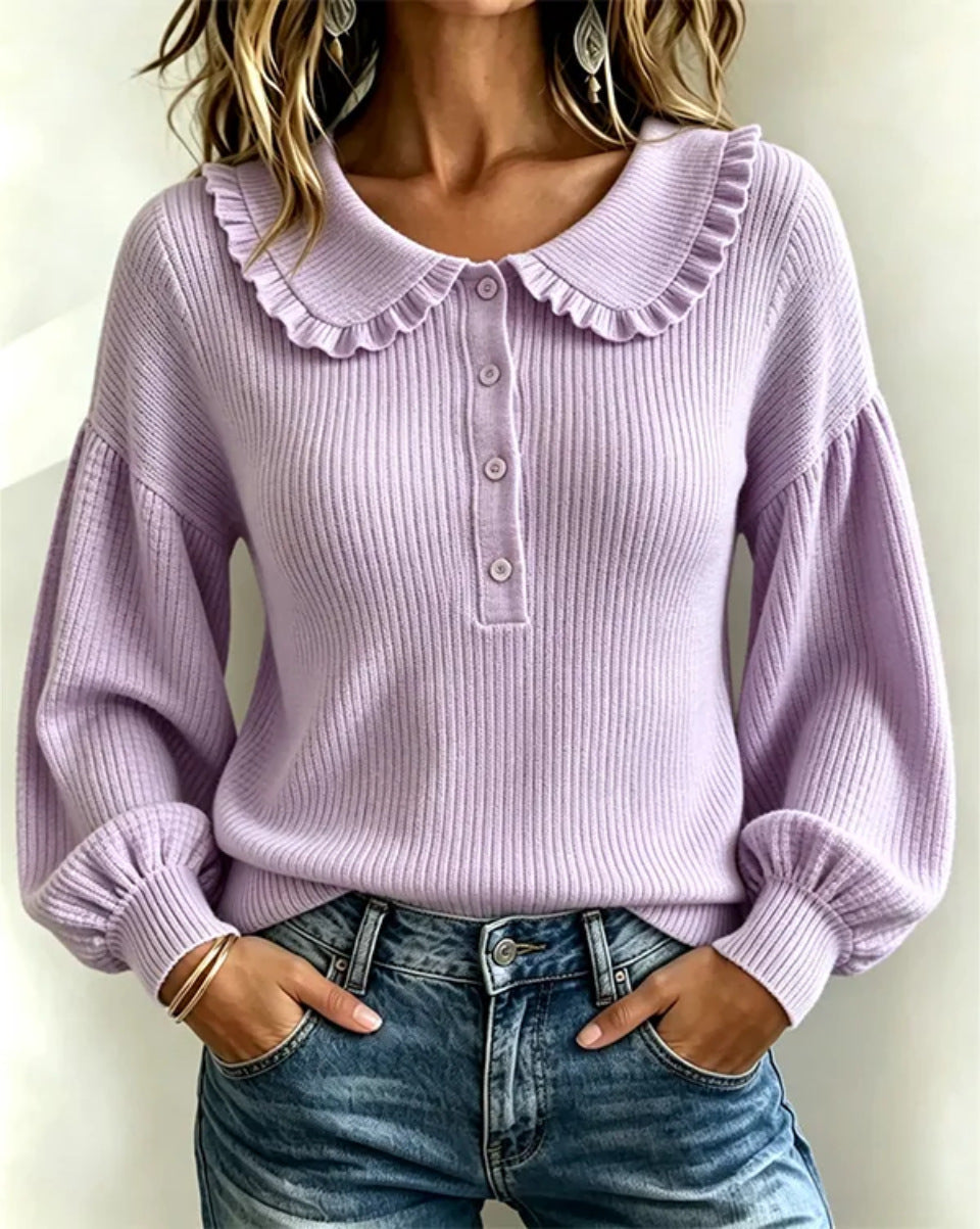 Pull en tricot côtelé à col volanté pour femme