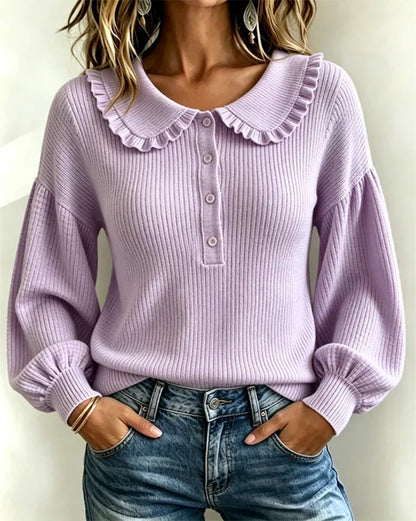 Pull en tricot côtelé à col volanté pour femme
