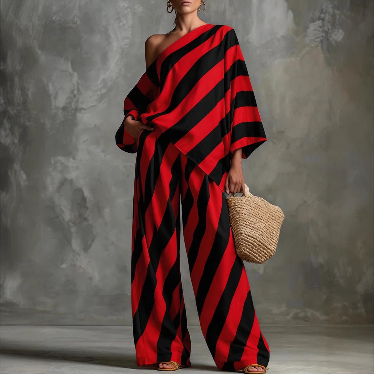 Ensemble haut asymétrique rayé et pantalon large
