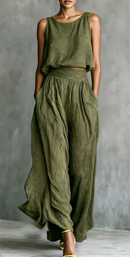 Ensemble assorti en lin texturé Chartreuse, débardeur sans manches et pantalon ample taille haute