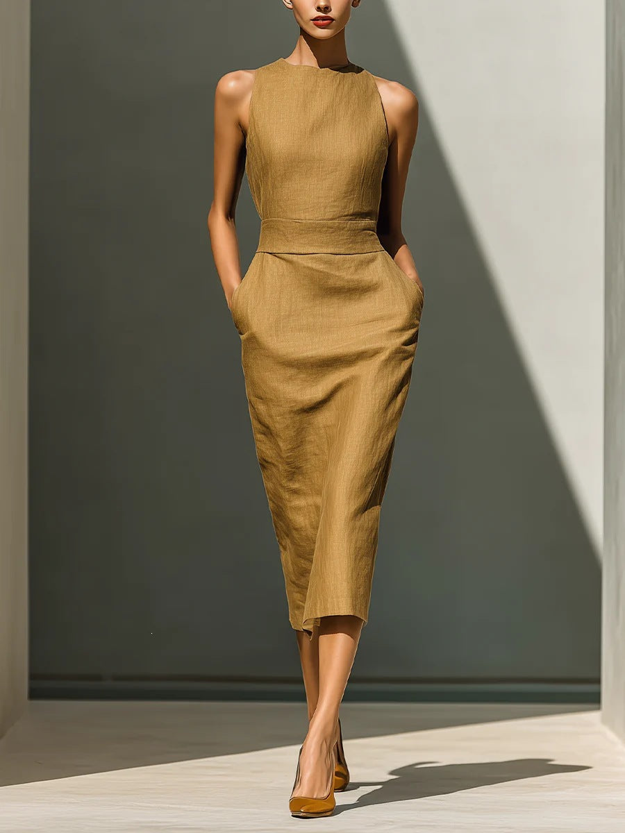Robe mi-longue élégante sans manches moulante couvrant les hanches pour femme