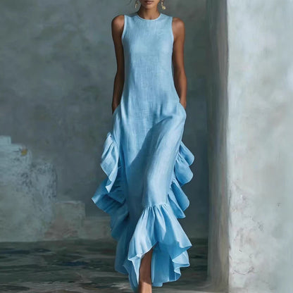 Longue robe maxi sans manches en lin à volants