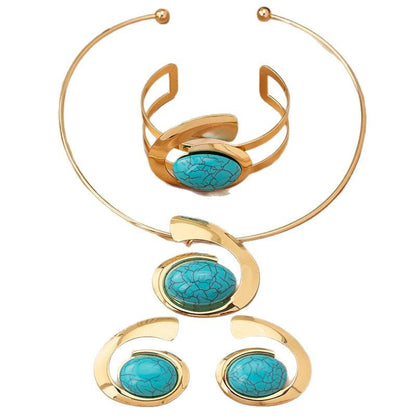 Abstract Curve Statement Jewelry 4-Piece Set | Open Choker Necklace + Adjustable Cuff Bracelet + Matching Drop Earrings