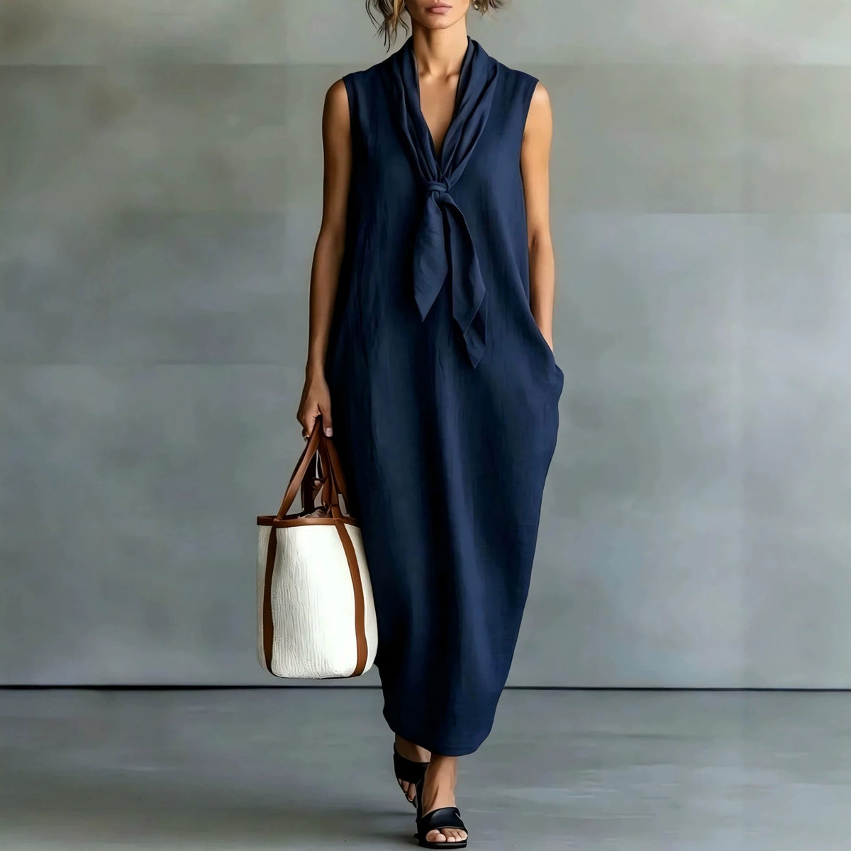 Robe trapèze mi-longue sans manches en lin beige naturel à nouer sur le devant
