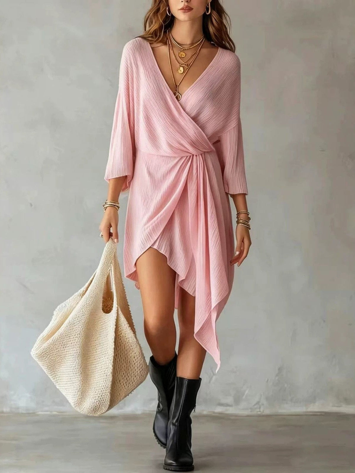 Mini-robe asymétrique en maille côtelée crème avec cache-cœur