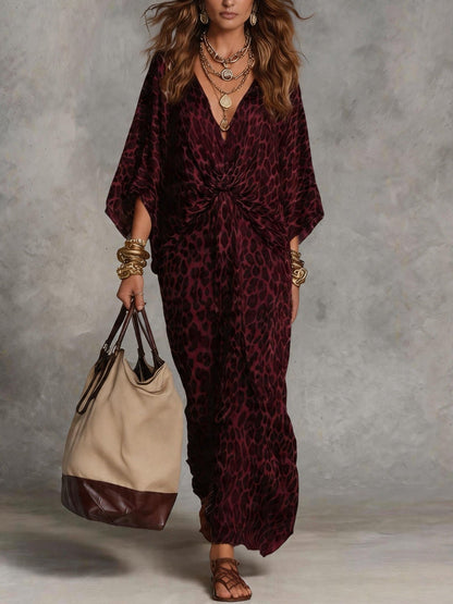 Robe Kaftan Longue Femme Léopard à Nœud sur le Devant - Cache-Maillot Fluide en Mousseline à Col V