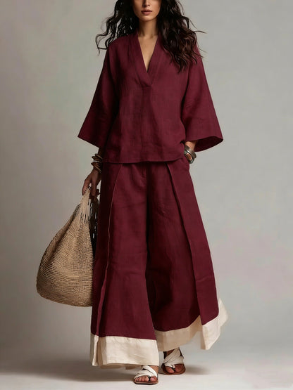 Ensemble chemise col V manches trois-quarts et pantalon large contrastant pour femme