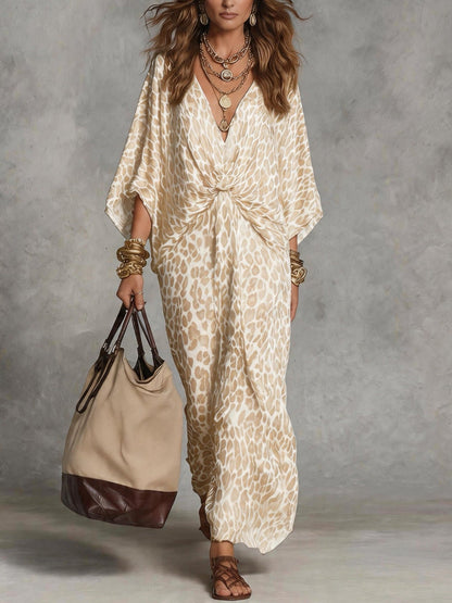 Robe Kaftan Longue Femme Léopard à Nœud sur le Devant - Cache-Maillot Fluide en Mousseline à Col V