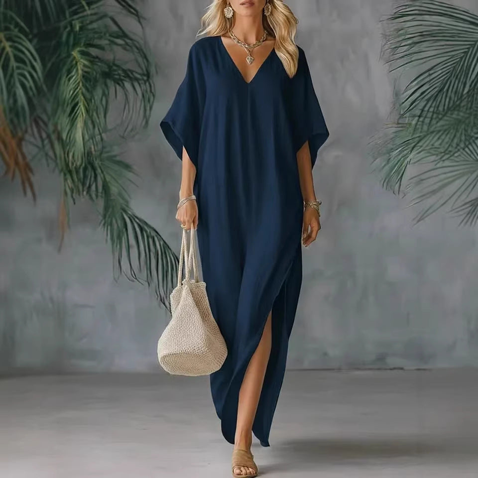 Robe longue caftan à col en V en mélange de lin
