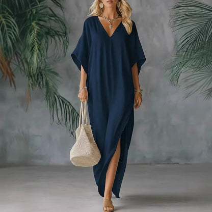 Robe longue caftan à col en V en mélange de lin
