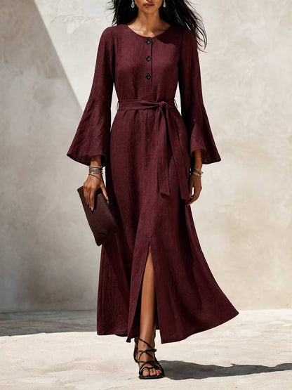 Linen‑Blend Flare‑Sleeve Maxi Dress