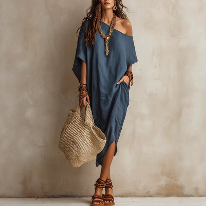 Robe femme coton et lin asymétrique ample manches chauve-souris mi-longue fendue pour les vacances