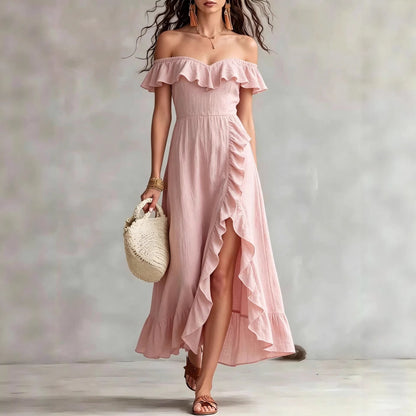 Robe longue fluide d'été en coton à épaules dénudées, à volants et froncée pour femme