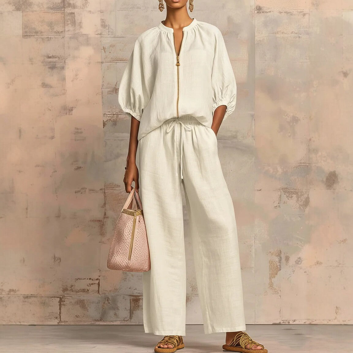 New arrival🔥 Two-piece linen and cotton set: stylish and comfortable zipped shirt and wide-leg trousers