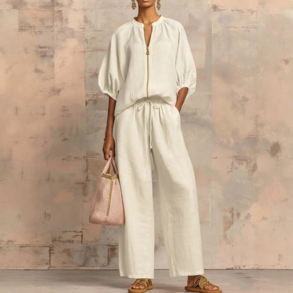 New arrival🔥 Two-piece linen and cotton set: stylish and comfortable zipped shirt and wide-leg trousers