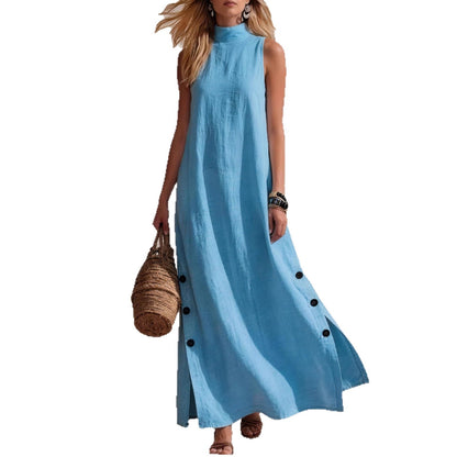 Robe longue décontractée sans manches en coton et lin de couleur unie avec fente latérale
