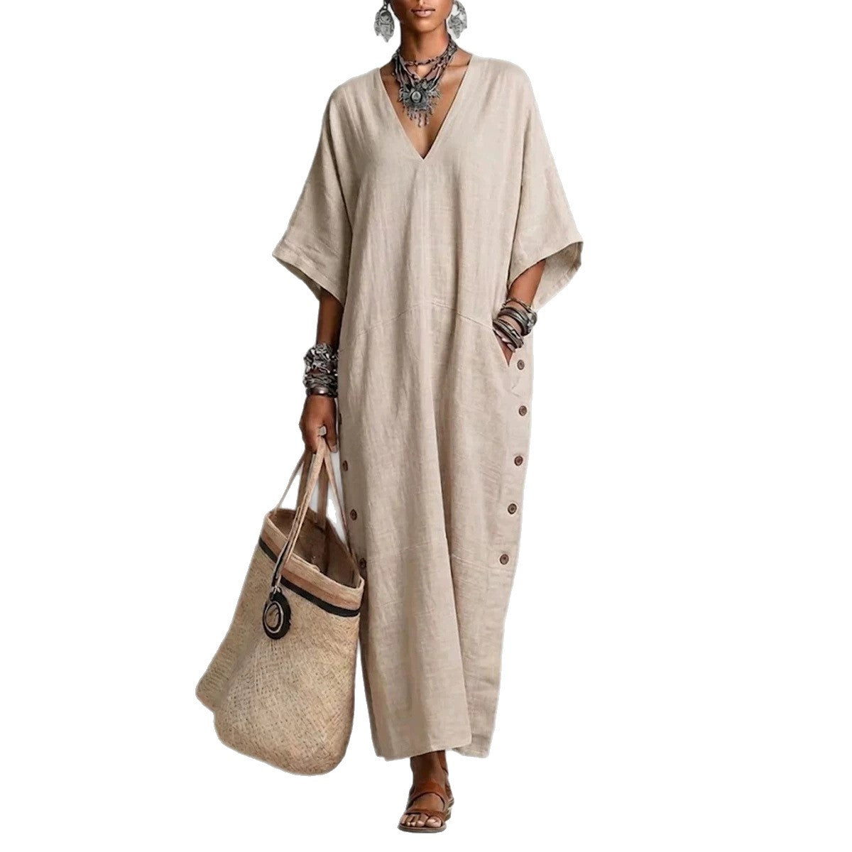 Robe Tunique Longue en Lin Naturel avec Col en V, Manches Chauve-souris et Fente Boutonnée sur le Côté