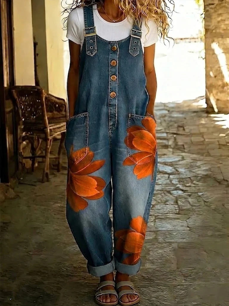 Salopette en jean sans effort à motif floral bohème pour femme