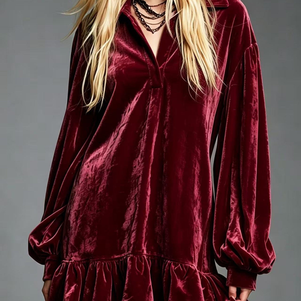 Mini-robe en velours à volants pour femme, tunique décontractée ample à revers et manches longues