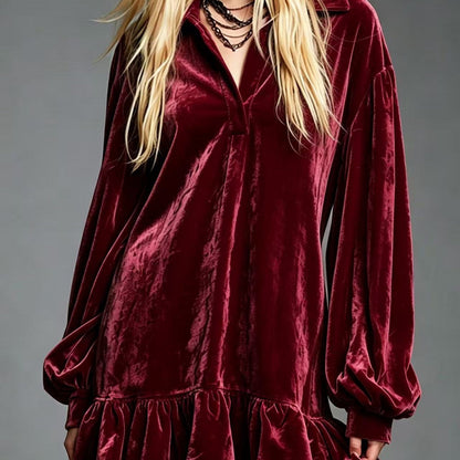 Mini-robe en velours à volants pour femme, tunique décontractée ample à revers et manches longues