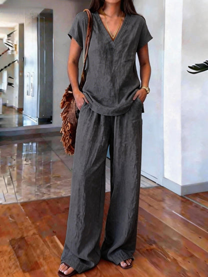Ensemble 2 pièces en lin : haut col V manches courtes et pantalon large taille élastique