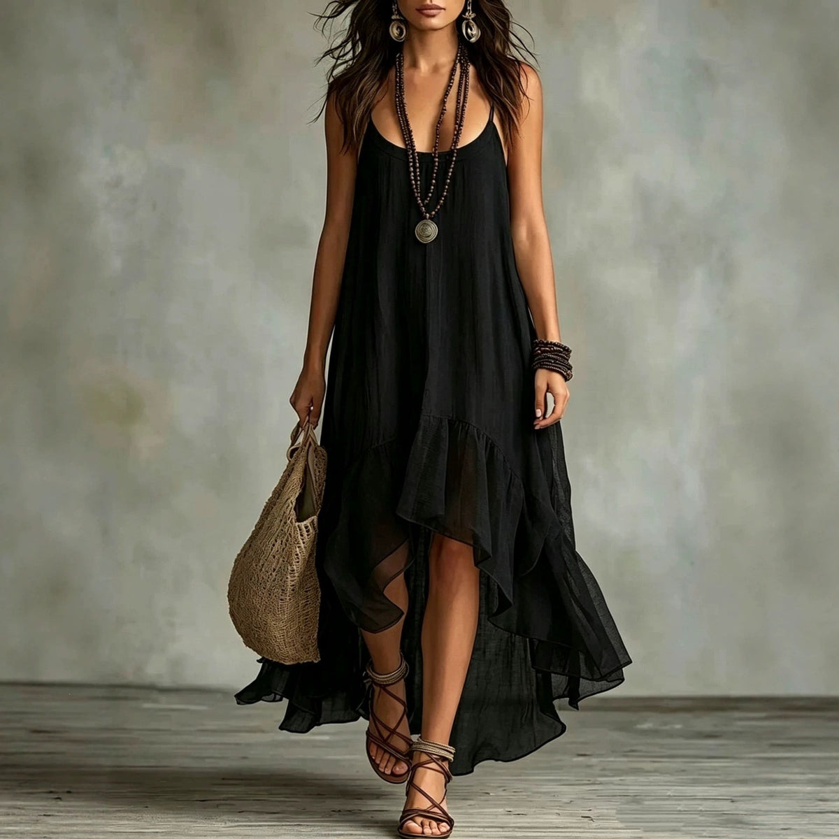 Robe longue sans manches en mousseline avec ourlet à volants irrégulier style bohème