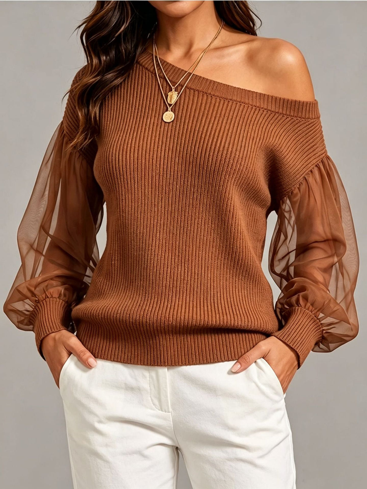 Asymmetric Off‑Shoulder Mesh Puff Sleeve Ribbed Knit Sweater