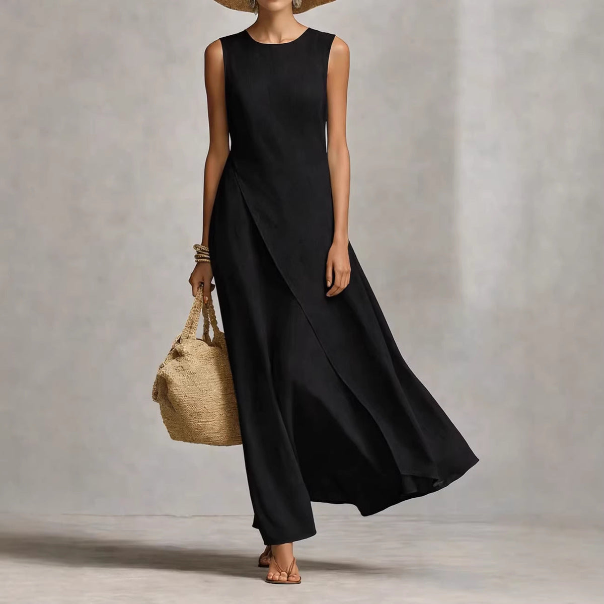 Robe longue asymétrique en lin sans manches