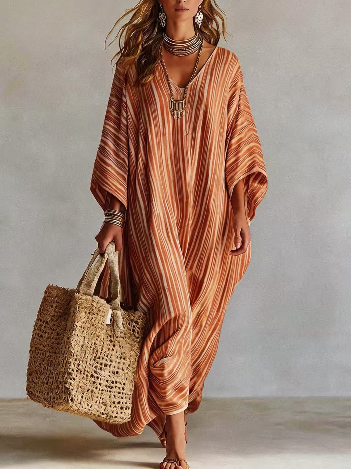 Robe longue kaftan rayée légère en mélange de lin pour femme – Paréo de plage oversize col en V