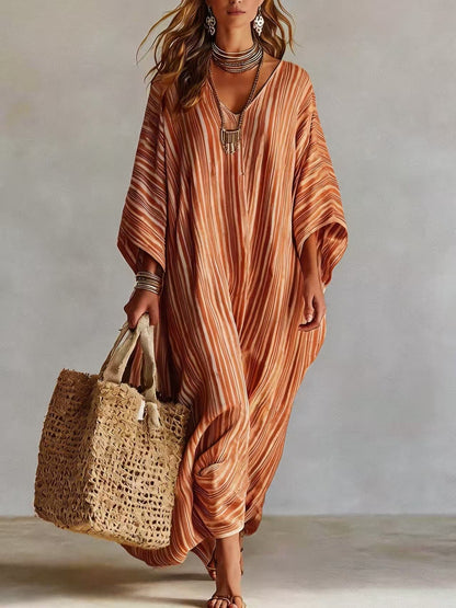 Robe longue kaftan rayée légère en mélange de lin pour femme – Paréo de plage oversize col en V