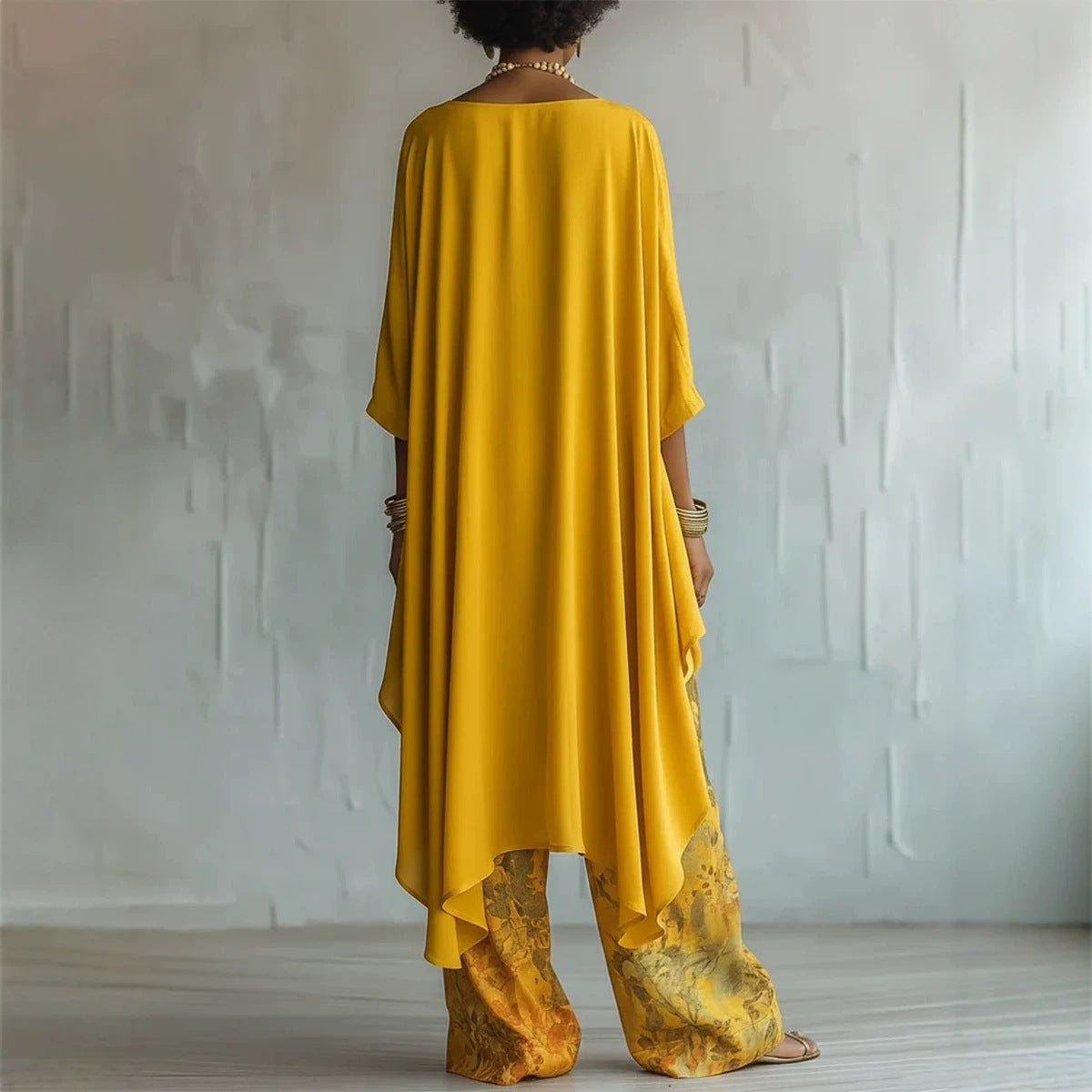 Ensemble deux pièces asymétrique en mélange de lin et pantalon large à imprimé floral pour femme