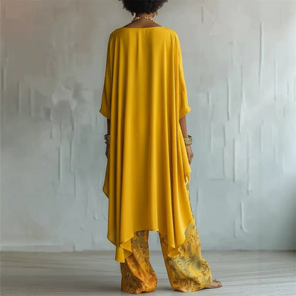 Ensemble deux pièces asymétrique en mélange de lin et pantalon large à imprimé floral pour femme