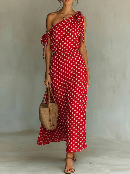 Robe longue asymétrique à pois pour femme