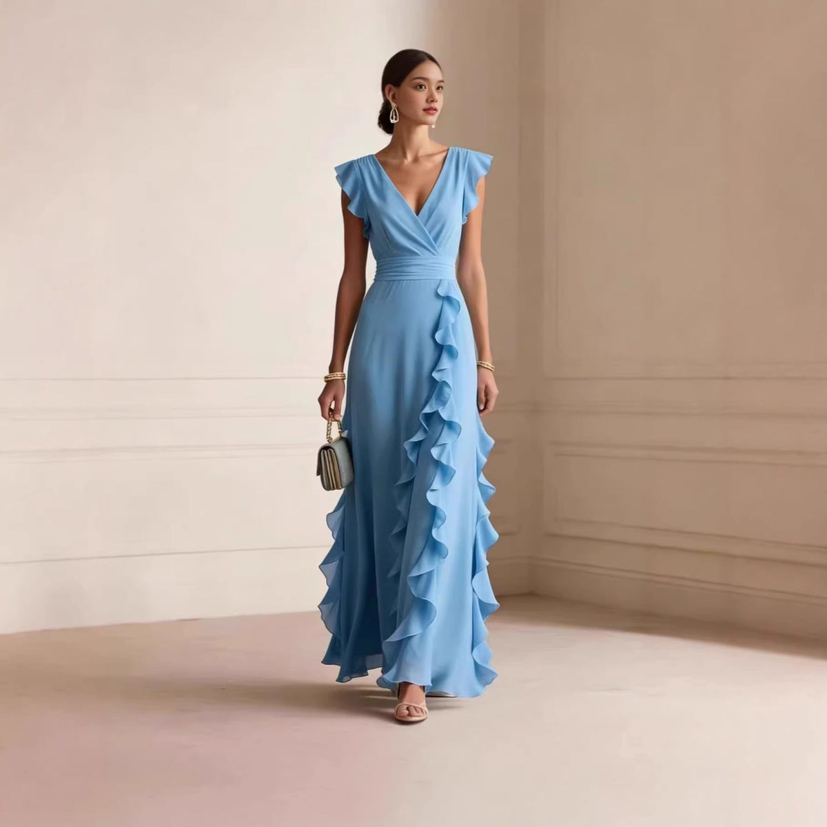 Robe longue à volants et manches papillon
