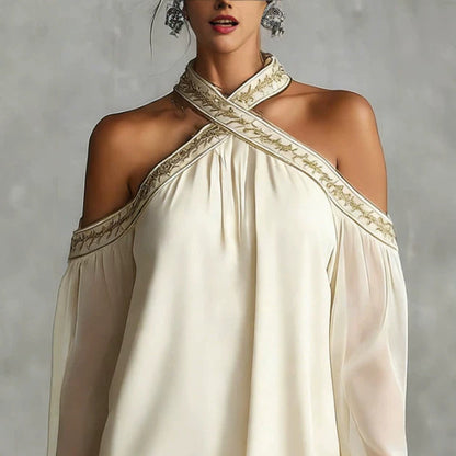 Robe tunique ample à manches longues transparente, avec broderies