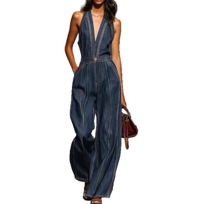 Combinaison Jean Foncé Col Halter Décolleté Plongeant Surpiqûres Contrastantes Taille Haute Jambe Large