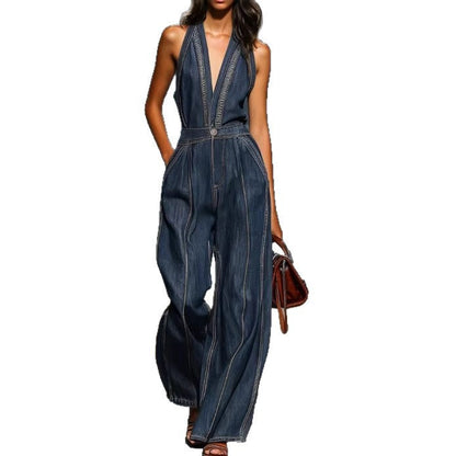 Combinaison Jean Foncé Col Halter Décolleté Plongeant Surpiqûres Contrastantes Taille Haute Jambe Large