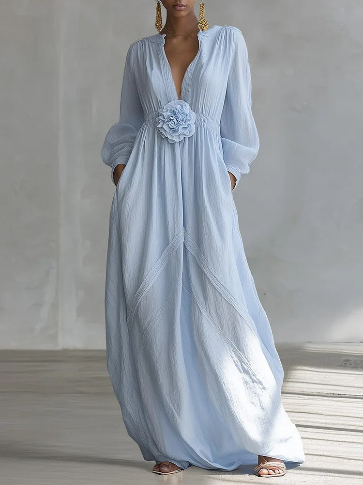 Robe de demoiselle d'honneur fluide en tissu texturé à manches longues bouffantes avec poches latérales
