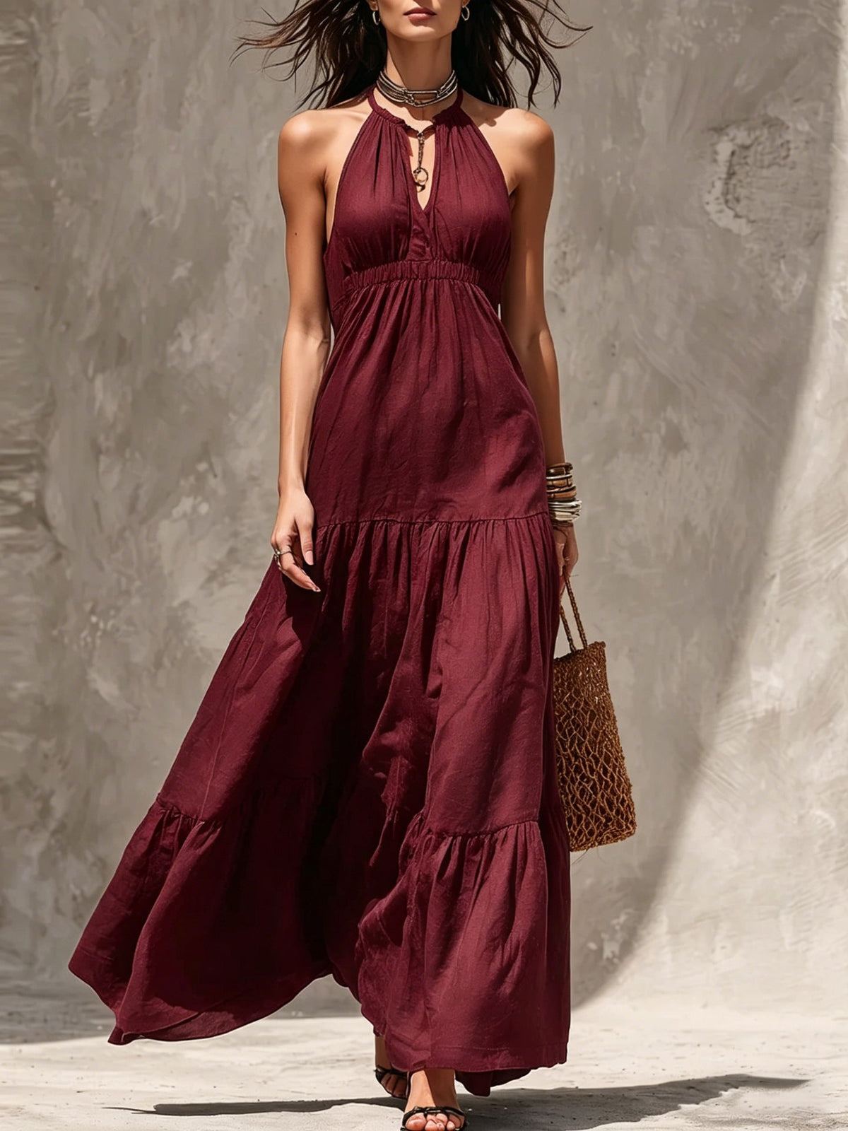 Halter Keyhole Neck Crinkled Tiered Maxi Dress