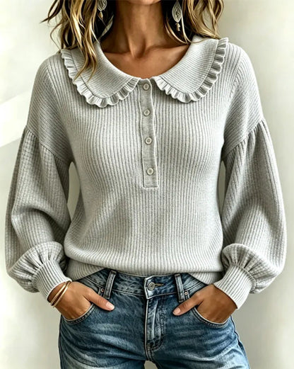 Pull en tricot côtelé à col volanté pour femme