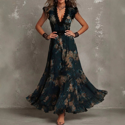 Robe longue bohème vintage à fleurs avec col en V, manches volantées en dentelle et ourlet à volants à la taille