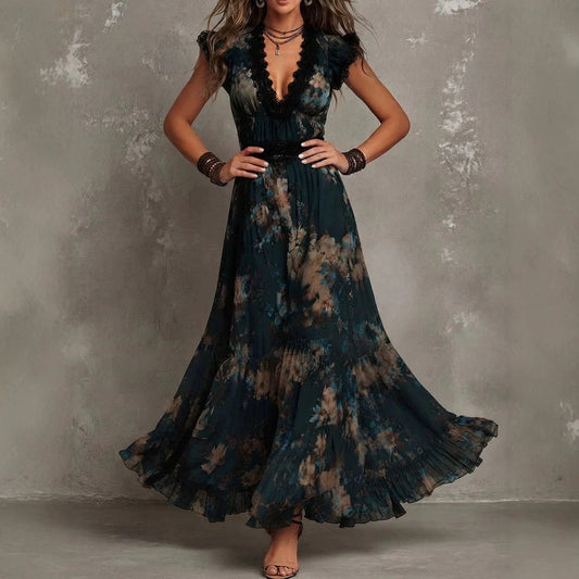 Robe longue bohème vintage à fleurs avec col en V, manches volantées en dentelle et ourlet à volants à la taille