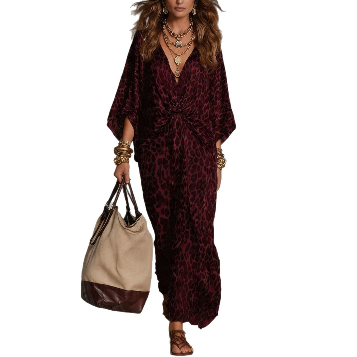 Robe Kaftan Longue Femme Léopard à Nœud sur le Devant - Cache-Maillot Fluide en Mousseline à Col V