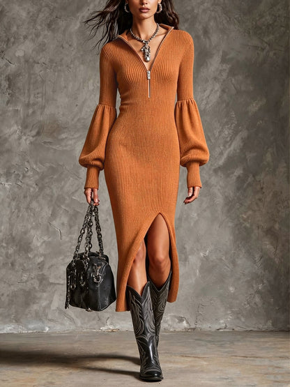 Robe midi en maille côtelée fendue à demi-fermeture éclair et manches ballon