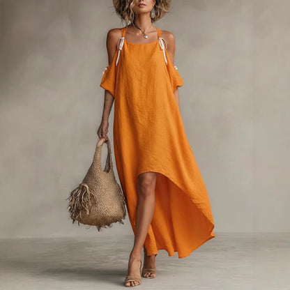 Robe longue asymétrique épaules dénudées orange vif