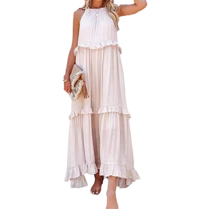 Robe longue fluide à volants et plusieurs niveaux, coupe halter