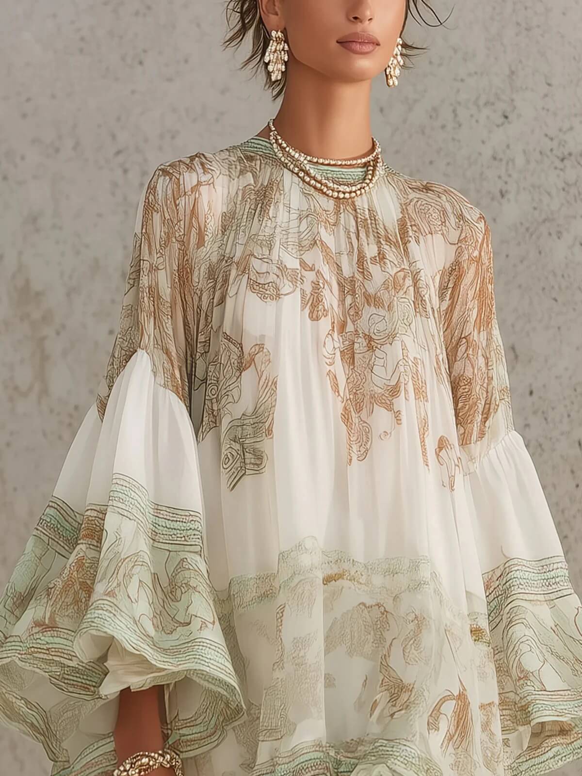 Mini-robe femme en polyester extensible imprimée bohème avec manches évasées à volants