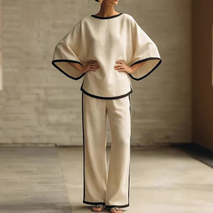 Ensemble deux pièces ample en coton et lin à col rond et manches chauve-souris élégant pour femme