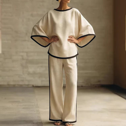Ensemble deux pièces ample en coton et lin à col rond et manches chauve-souris élégant pour femme