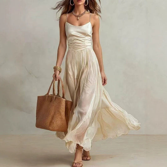 Long dress with shirred bodice and spaghetti straps